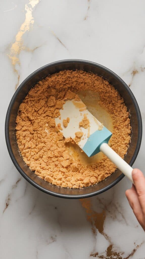 A mixing bowl with graham cracker crumbs, sugar, and melted butter being stirred with a spatula
