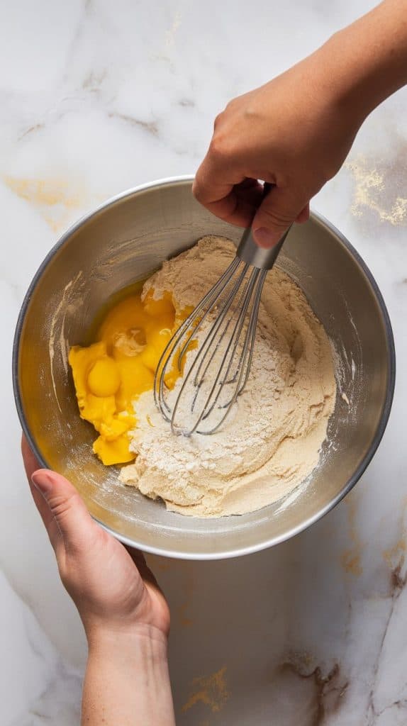 a mixing bowl with melted butter, eggs, sugar, and vanilla being whisked together