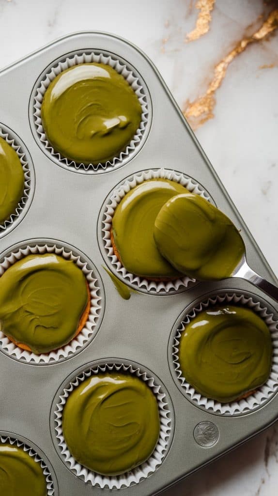 a muffin tin lined with white muffin liner filled with peanut butter-filled cups now covered with a final layer of glossy matcha chocolate
