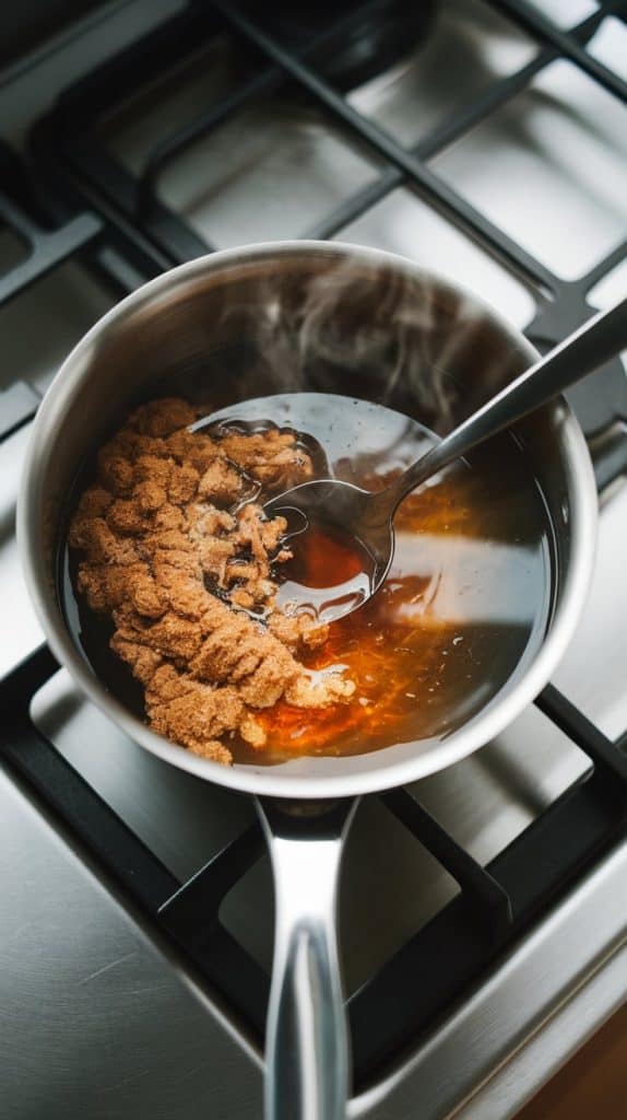 a glass filled with ice cubes, dark cold brew being poured in, followed by a drizzle of golden brown sugar cinnamon syrup