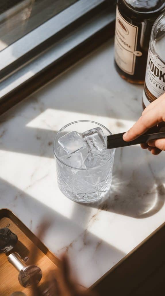 A sleek rocks glass being filled with clear ice cubes, set on a white marble counter with bottles of vodka and coffee liqueur nearby. 