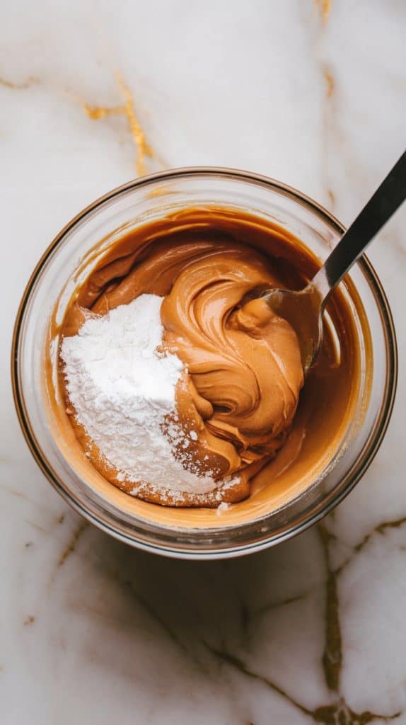 a small bowl with creamy peanut butter, powdered sugar, melted coconut oil, vanilla extract, and salt being mixed together with a spoon