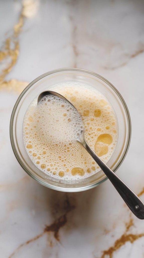 a small glass bowl with warm milk and yeast bubbling on the surface