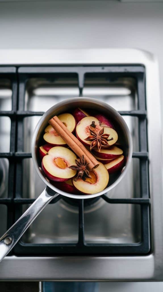 Step 1: Add sliced plums and spices to saucepan