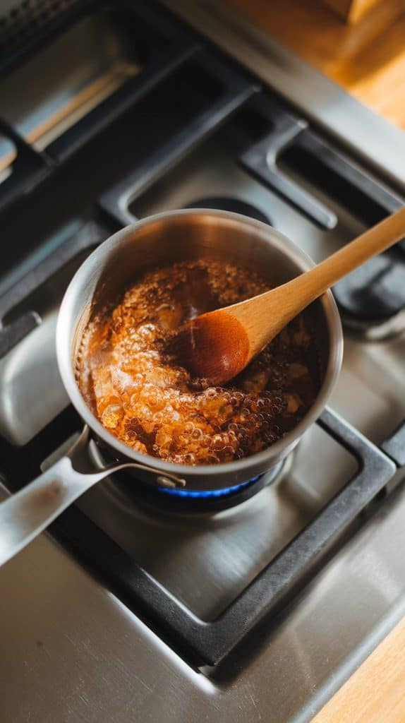The brown sugar mixture is gently simmering, creating tiny bubbles, while a wooden spoon stirs it