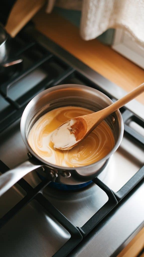 a small saucepan on a fired modern stainless steel gas stove, with melted butter and white chocolate swirling together into a smooth, creamy mixture