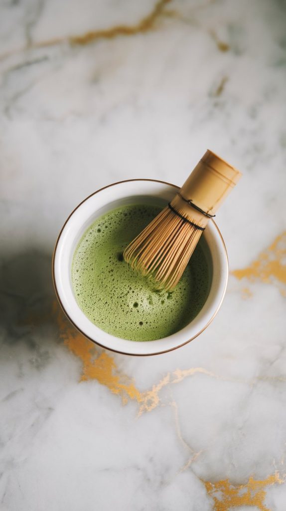 A small white bowl with vibrant green matcha paste, smoothly whisked with hot water