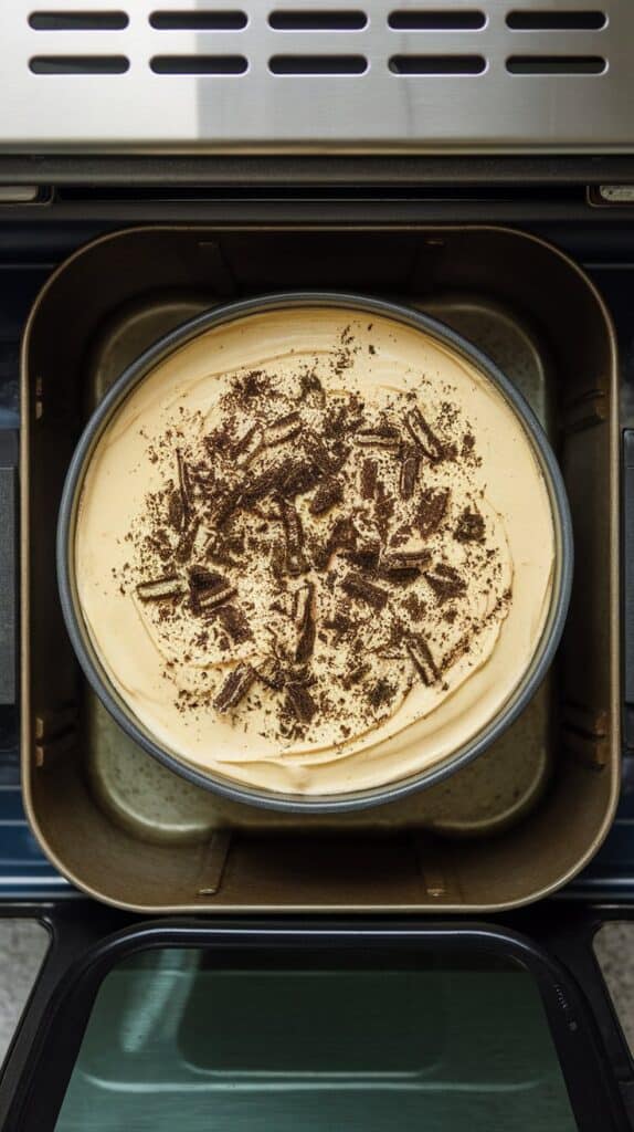 Springform pan filled with creamy cheesecake filling mixed with really fine Oreo crumbs throughout