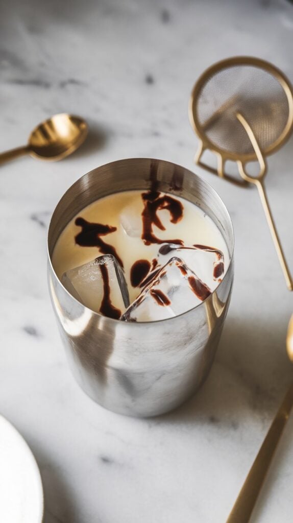 A stainless steel cocktail shaker sitting securely on white marble counters, filled with ice, eggnog, chocolate syrup, and vodka