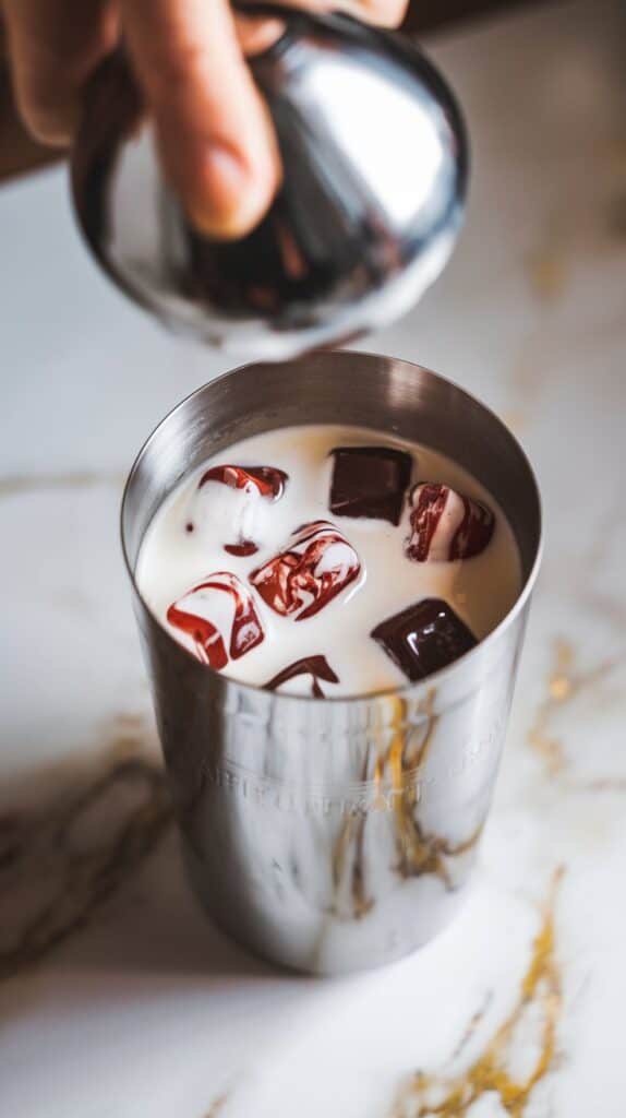 A stainless steel cocktail shaker filled with Baileys, vanilla vodka, peppermint schnapps, chocolate syrup, and ice cubes, being shaken by a hand