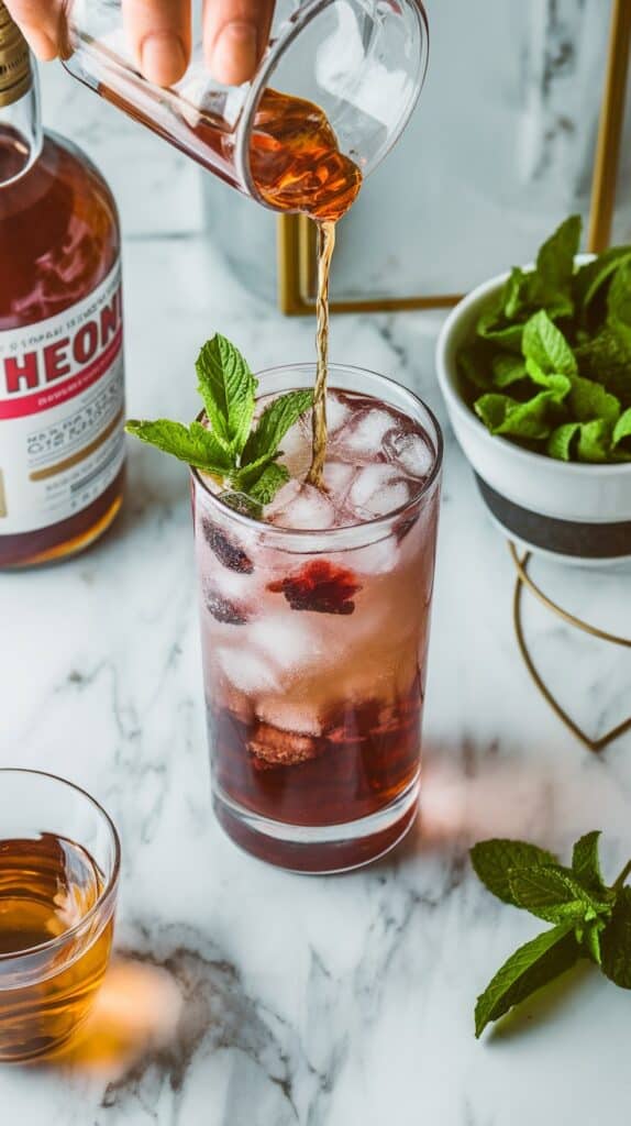 A tall glass being filled with crushed ice, hibiscus tea, and sparkling water. A bottle of rum and a bowl of mint leaves are nearby. 
