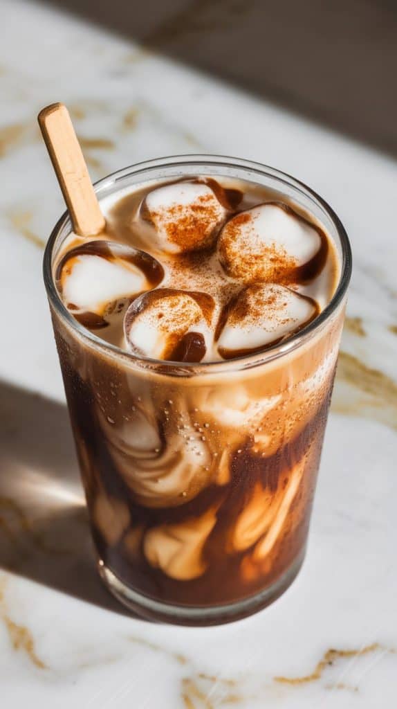 a tall glass filled with brown sugar cinnamon cold brew, swirls of cream mixing in, clear ice cubes floating on top, and a sprinkle of cinnamon dusted over.
