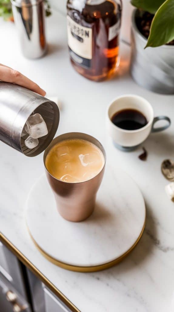 A hand shaking a cocktail shaker vigorously, with the lid tightly on, set on a marble counter with scattered coffee beans and a bottle of bourbon nearby.