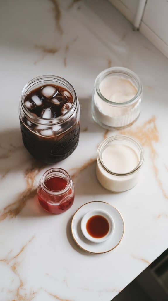 A top-down shot of all the ingredients for Strawberry Foam Cold Brew arranged neatly on a white marble counter with hints of gold