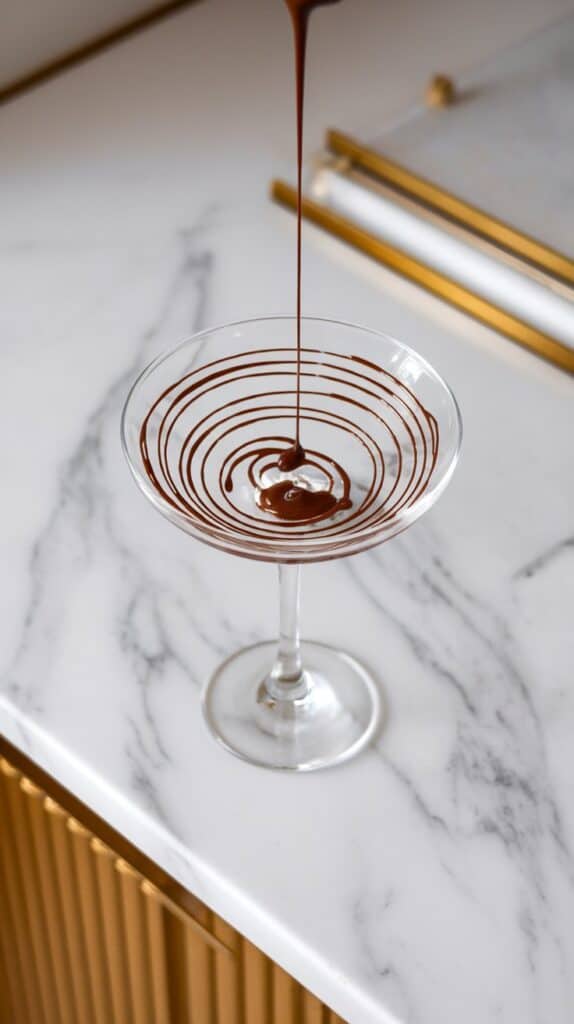 An empty martini glass being drizzled with chocolate syrup, creating thin swirls on the inside