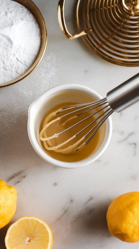 A small bowl of lemon glaze being whisked