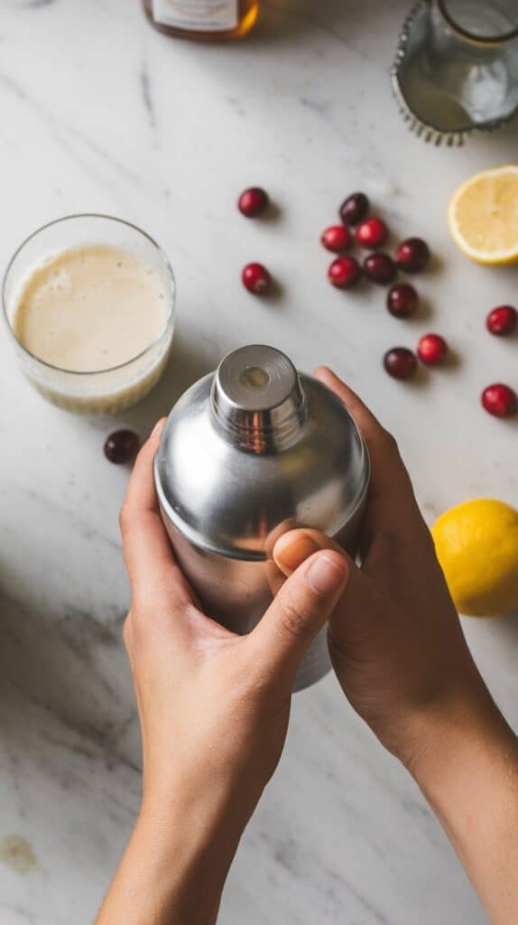 A top-down shot of hands shaking a silver cocktail shaker on a white marble counter