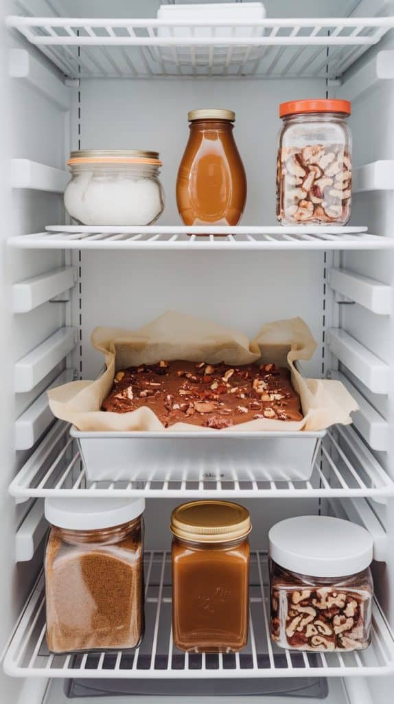 An 8x8 pan of turtle fudge resting in a modern stainless steel fridge, with layers of chocolate fudge and caramel visible.