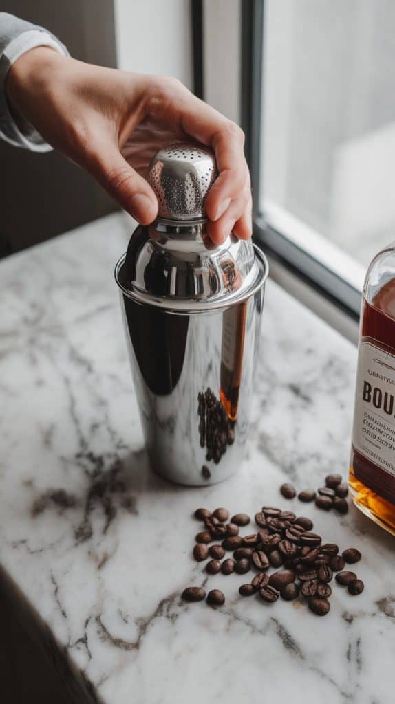 A cocktail shaker with bourbon, cooled coffee, simple syrup, and a cracked egg being added, with the egg shell nearby on a white marble counter with hints of gold.