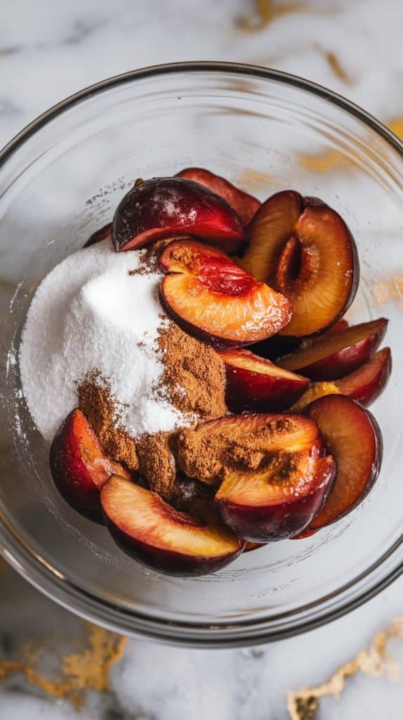 Step 3: Add sugar, vanilla, cornstarch, and cinnamon to the plums.