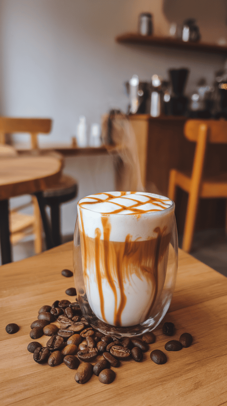 A delicious Caramel Macchiato with caramel drizzle on top, surrounded by coffee beans.