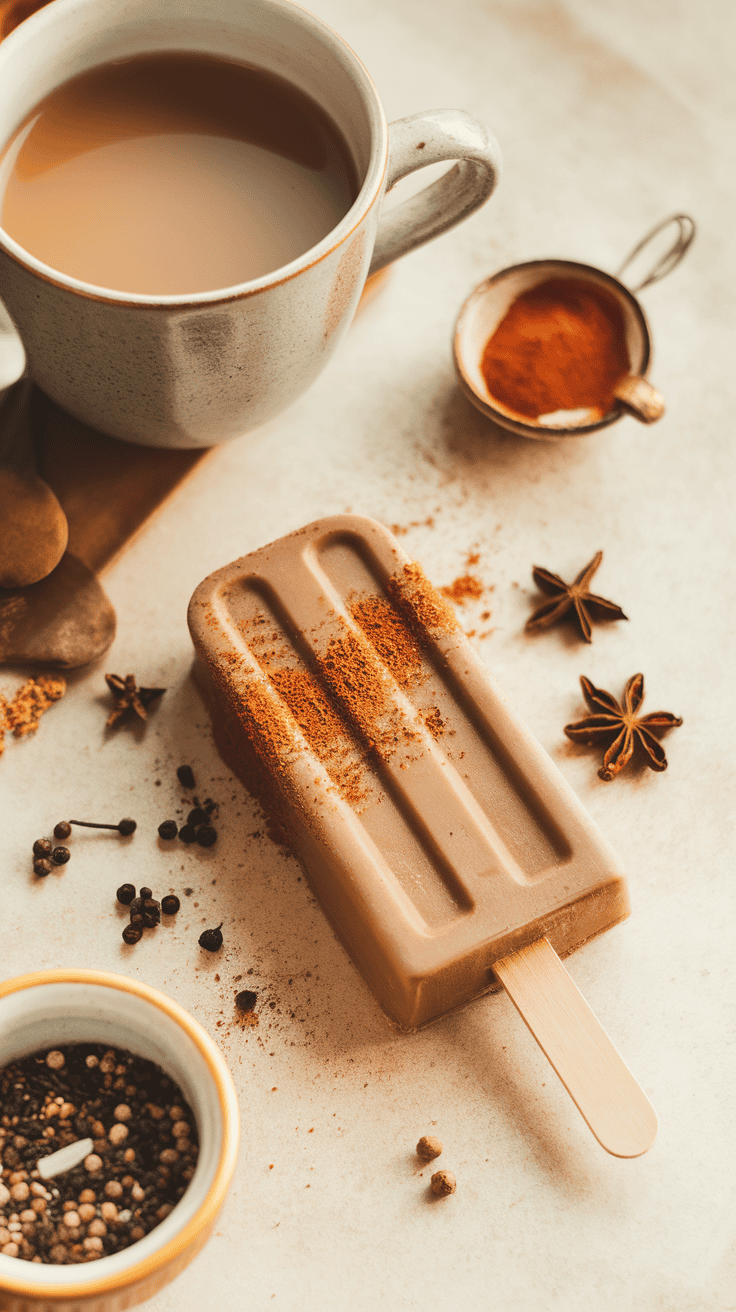 Vanilla latte popsicle on a wooden plate with a cup of coffee and vanilla bean.
