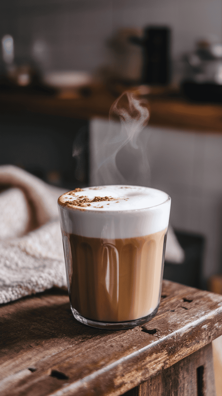 A steaming chai latte in a glass, topped with a sprinkle of cinnamon, on a wooden table.