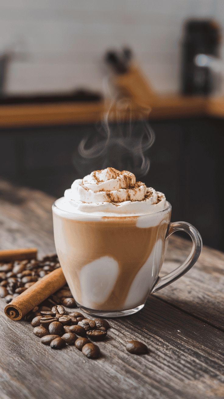 A warm cup of cinnamon dolce latte topped with whipped cream and sprinkled with cinnamon.