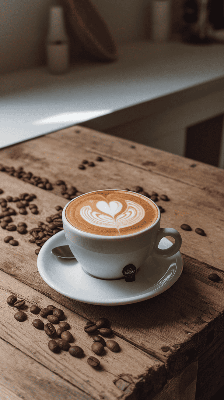 A classic cappuccino served in a white cup with intricate foam art on top.