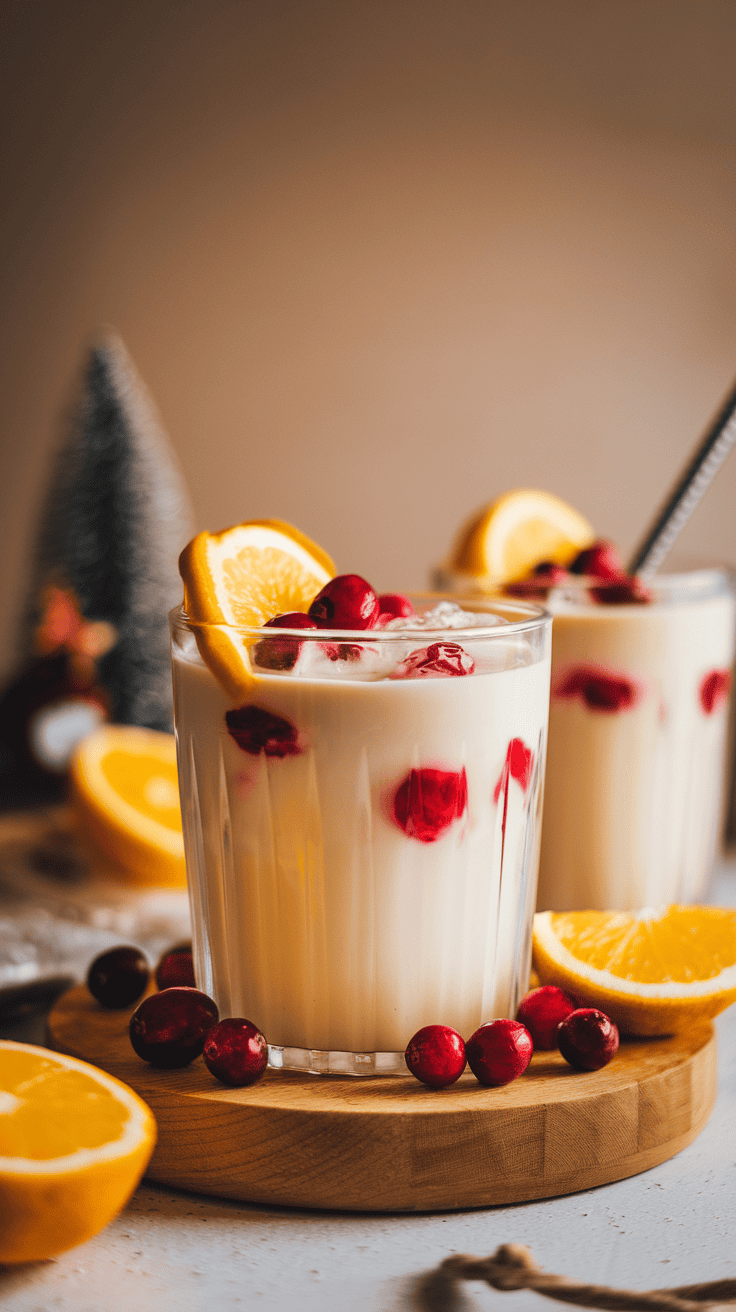 Cranberry Citrus Eggnog in a glass garnished with orange and cranberries
