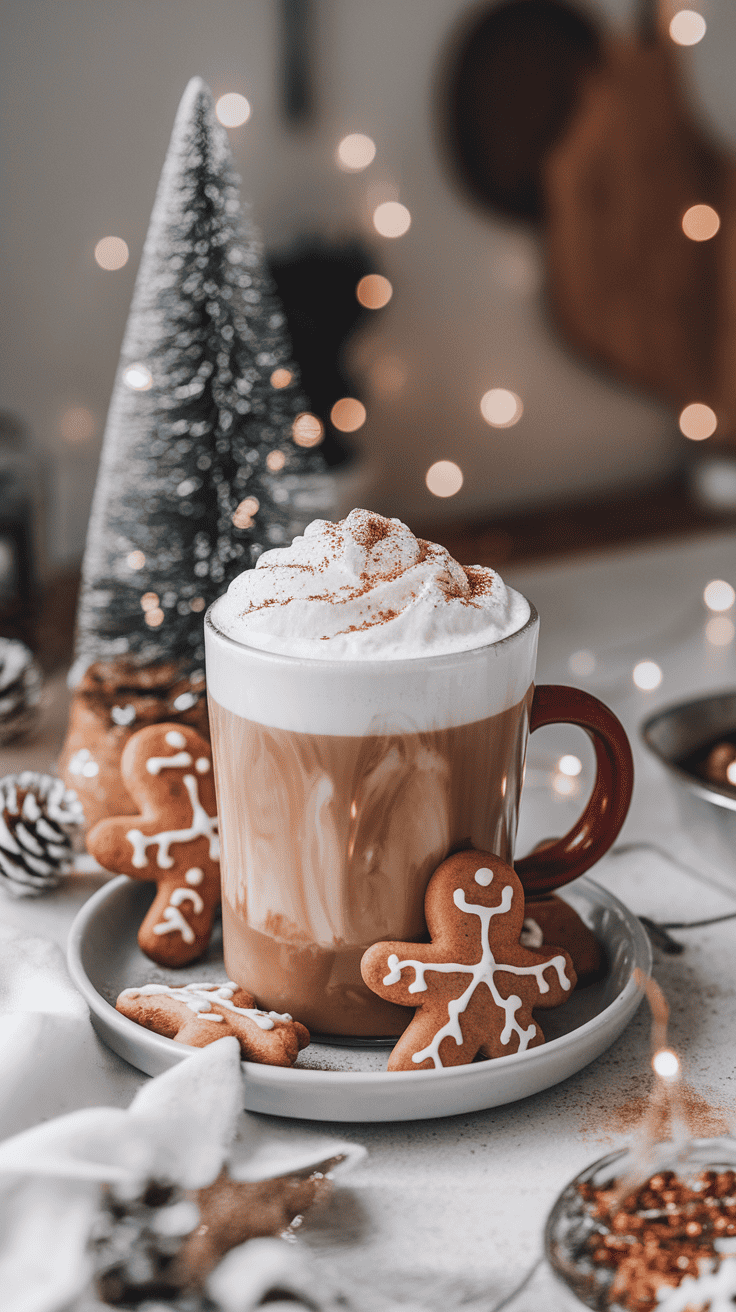 A cozy Gingerbread Latte topped with whipped cream and gingerbread cookies