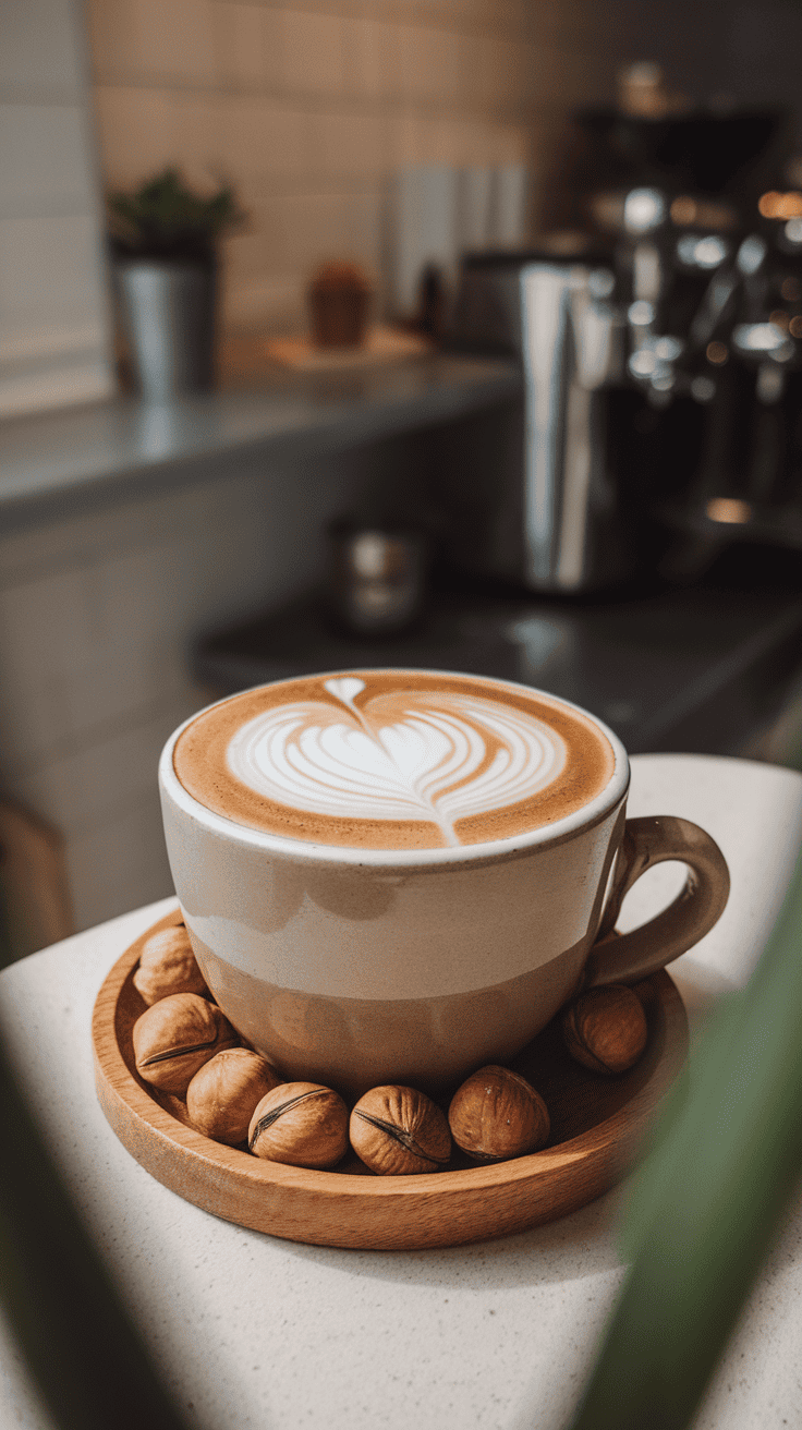 A beautifully crafted Hazelnut Latte served in a cozy mug, garnished with nuts.