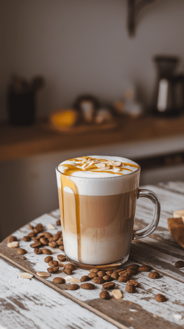 A creamy Honey Almond Latte topped with caramel drizzle and almond slices