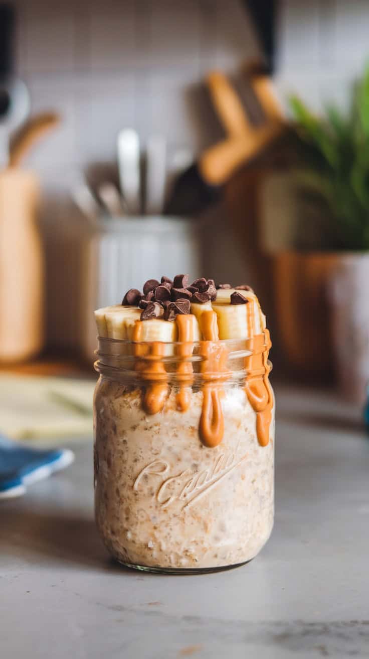 A jar of chocolate peanut butter banana overnight oats topped with banana slices and chocolate chips.