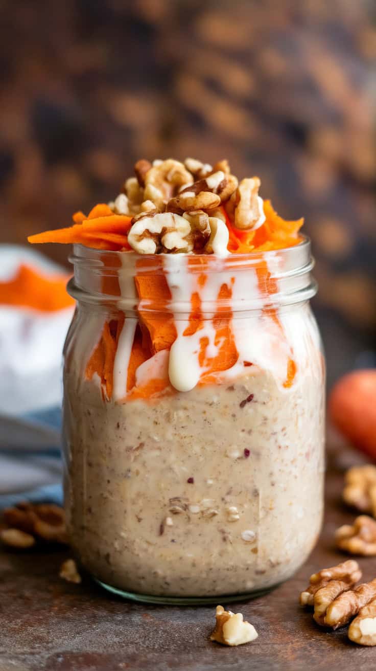 A jar of carrot cake overnight oats topped with shredded carrots and walnuts.