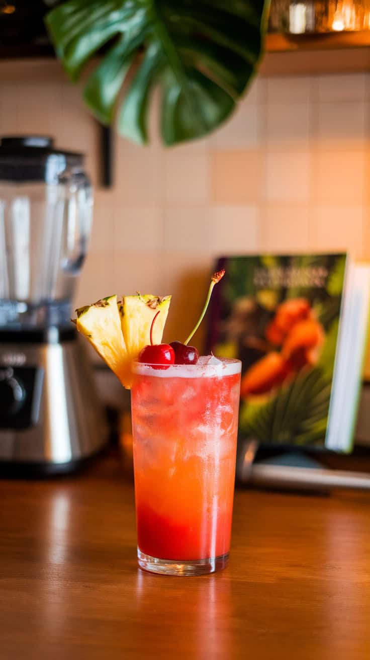 A refreshing Malibu Sunset cocktail with pineapple and cherries on top.