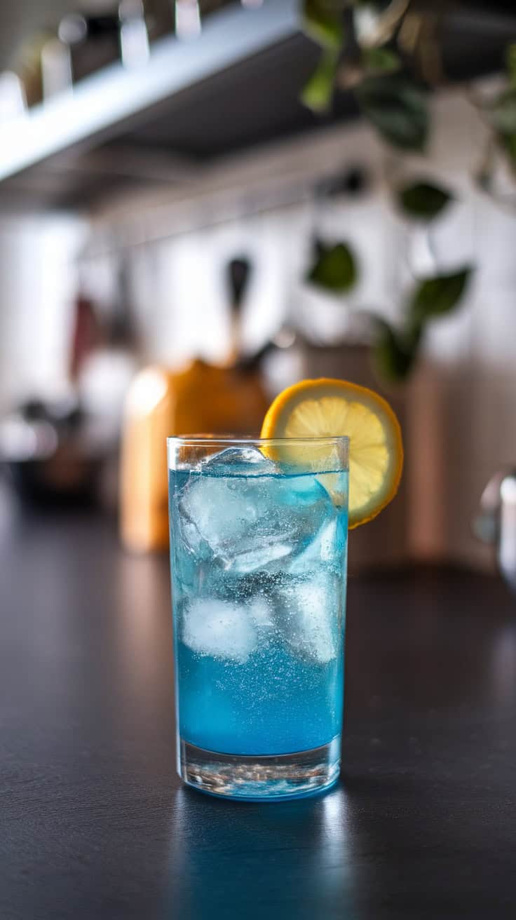 A refreshing Blue Lagoon Fizz cocktail with ice and a lemon slice.