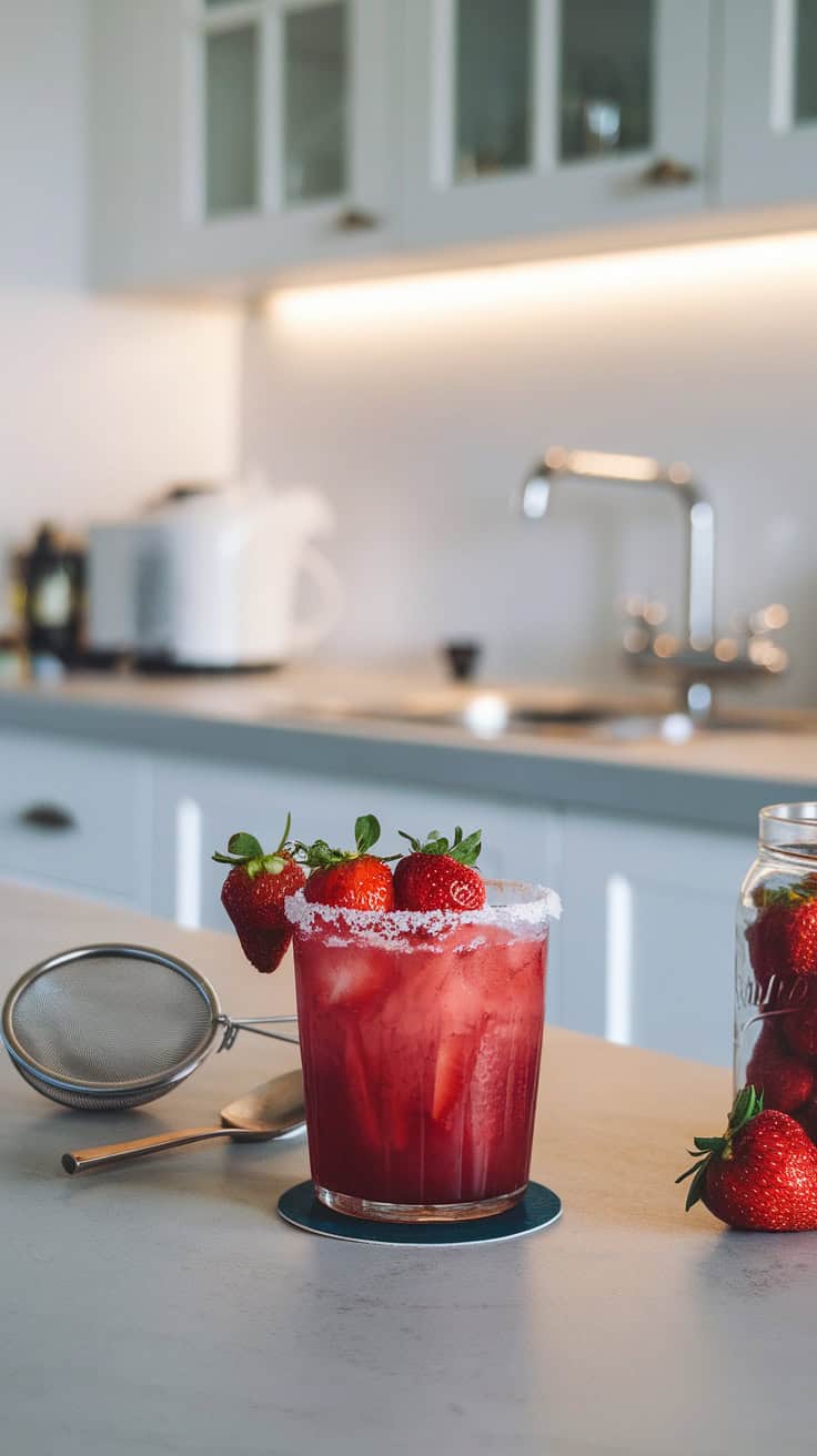 A delicious strawberry margarita garnished with fresh strawberries