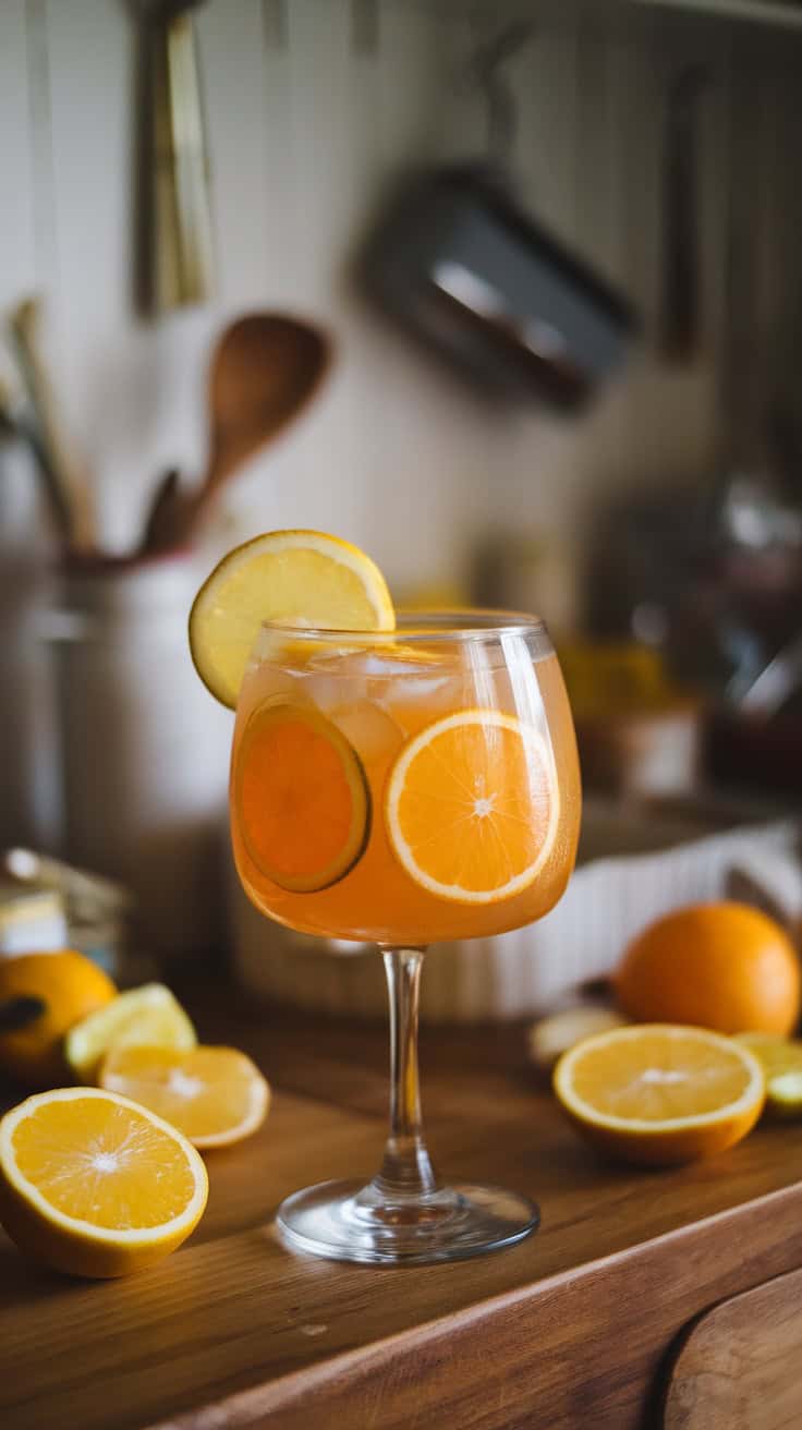 A refreshing spiced citrus shrub cocktail with slices of orange and lemon.