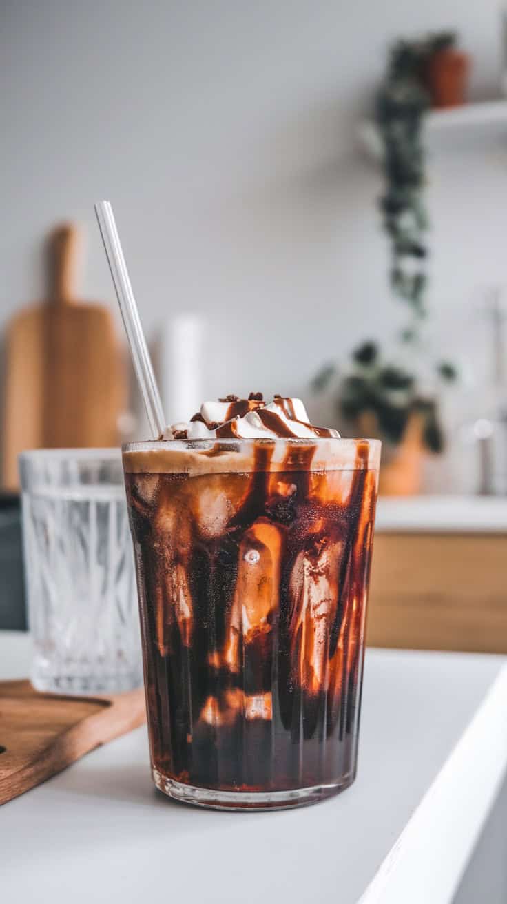 A glass of Mocha Madness Dirty Soda topped with whipped cream and chocolate drizzle.