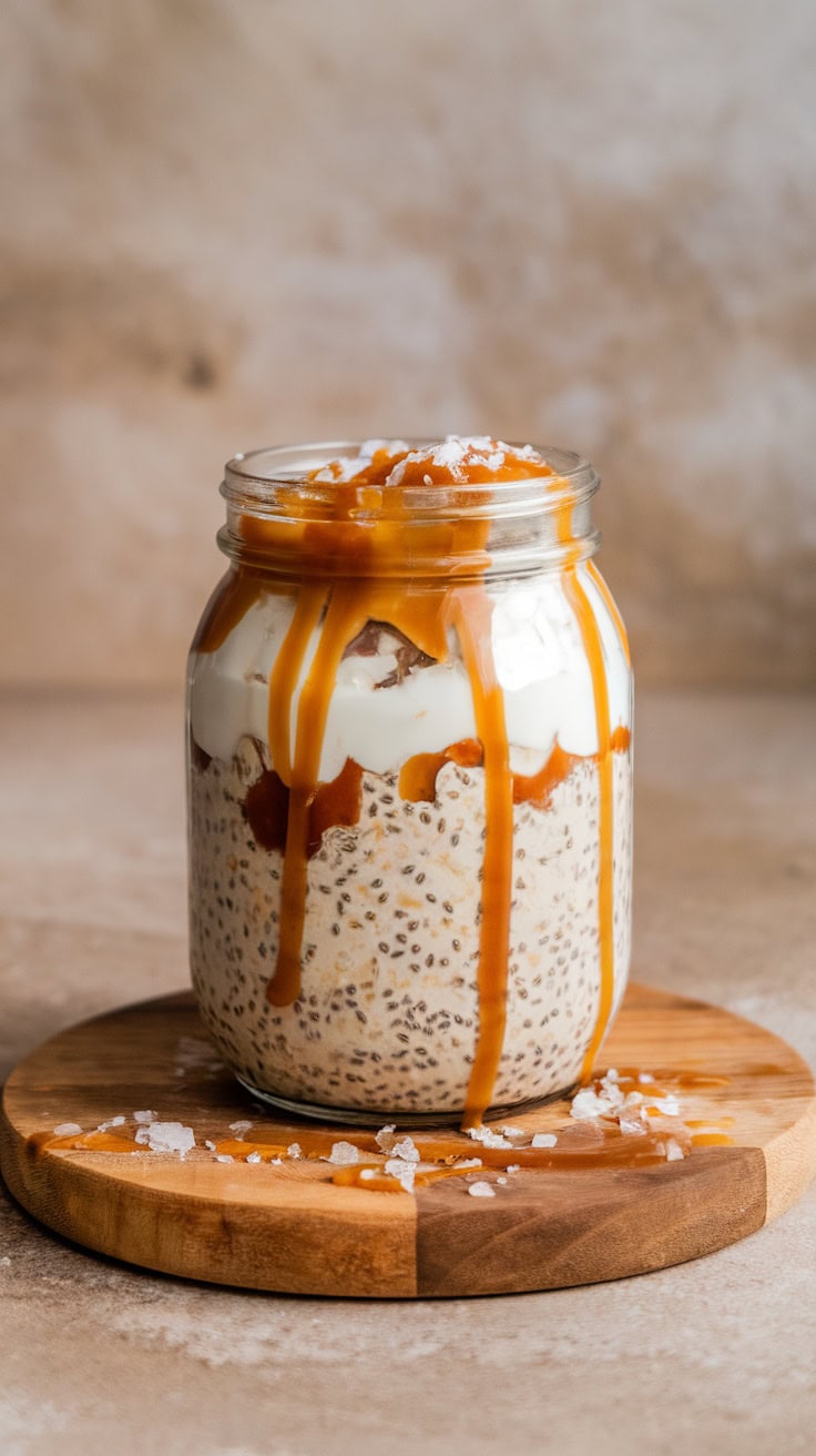 A jar of salted caramel overnight oats topped with caramel drizzle and sea salt.
