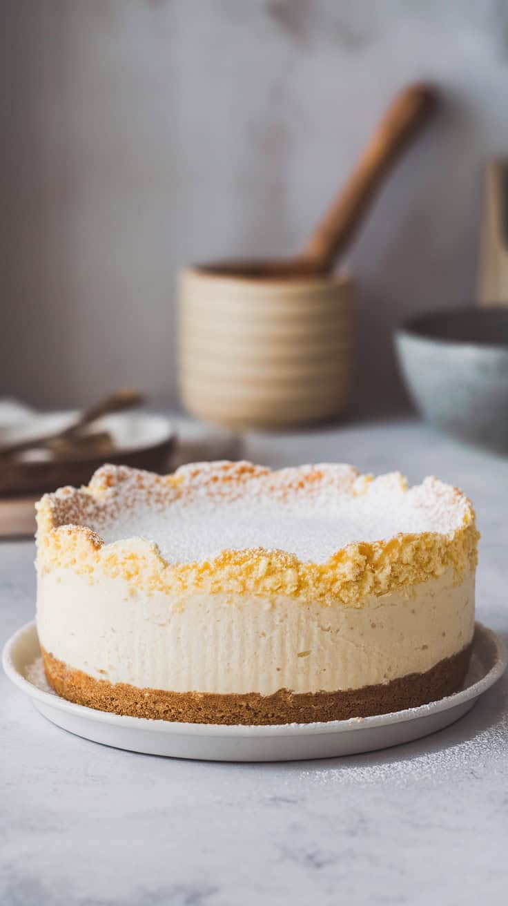 A beautiful cottage cheese yogurt egg cheesecake on a white plate