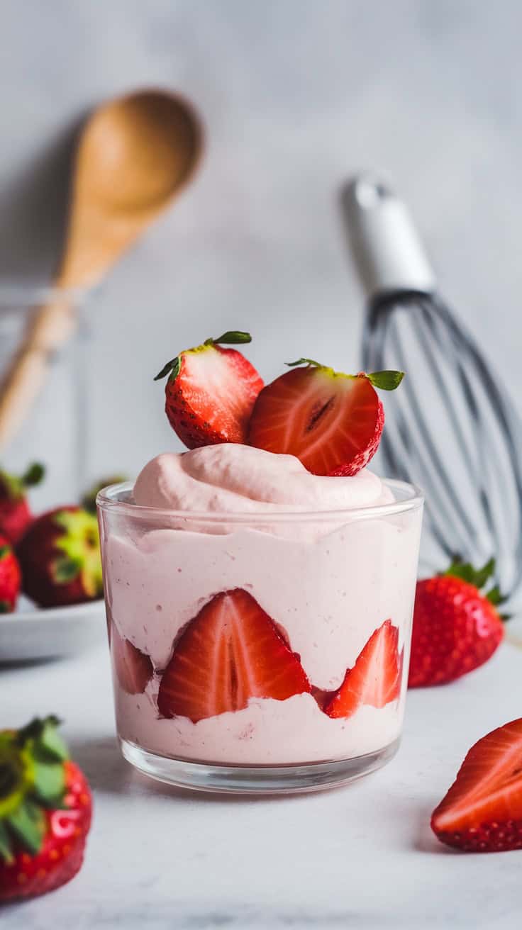 A glass of strawberry cottage cheese mousse topped with fresh strawberries.