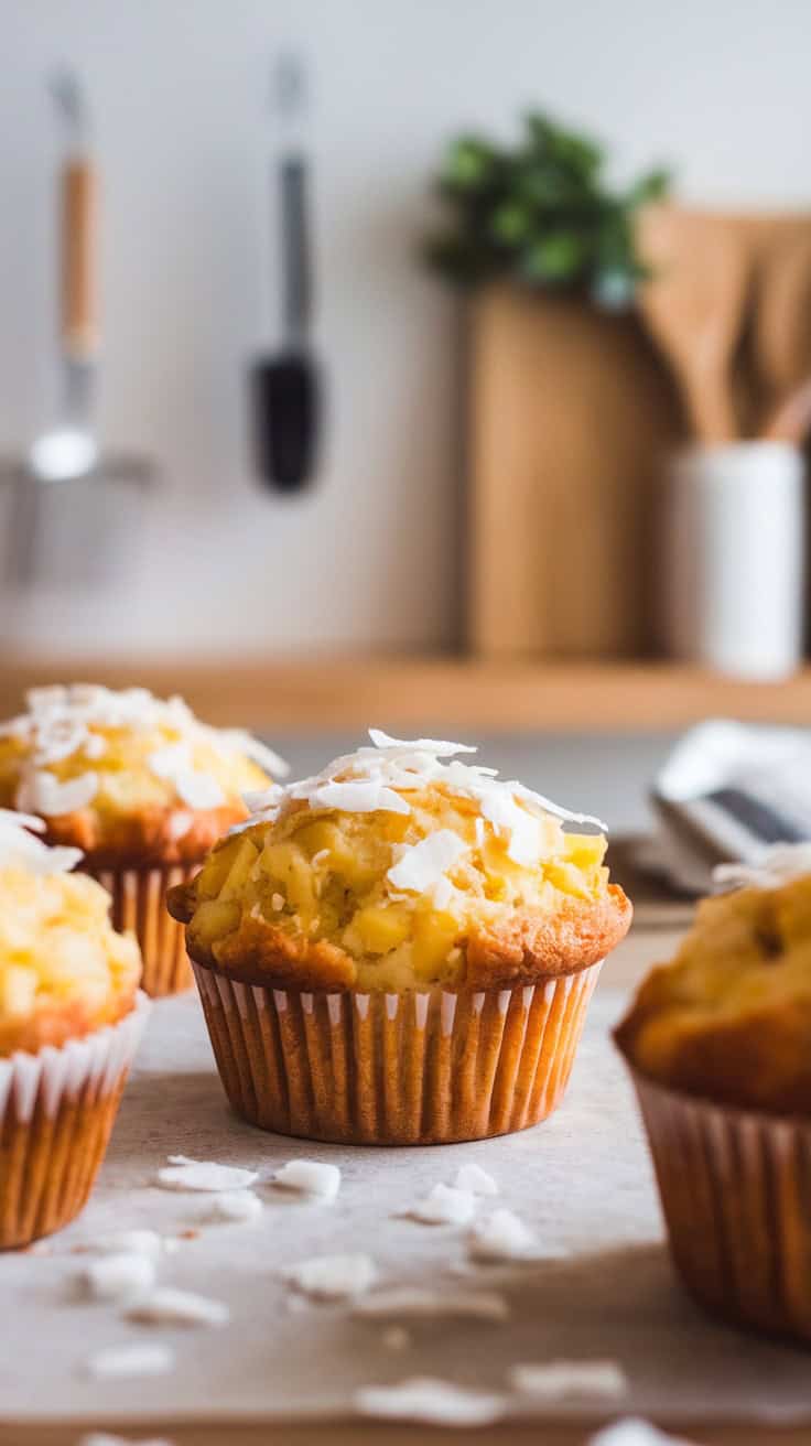 Freshly baked coconut and pineapple muffins topped with shredded coconut