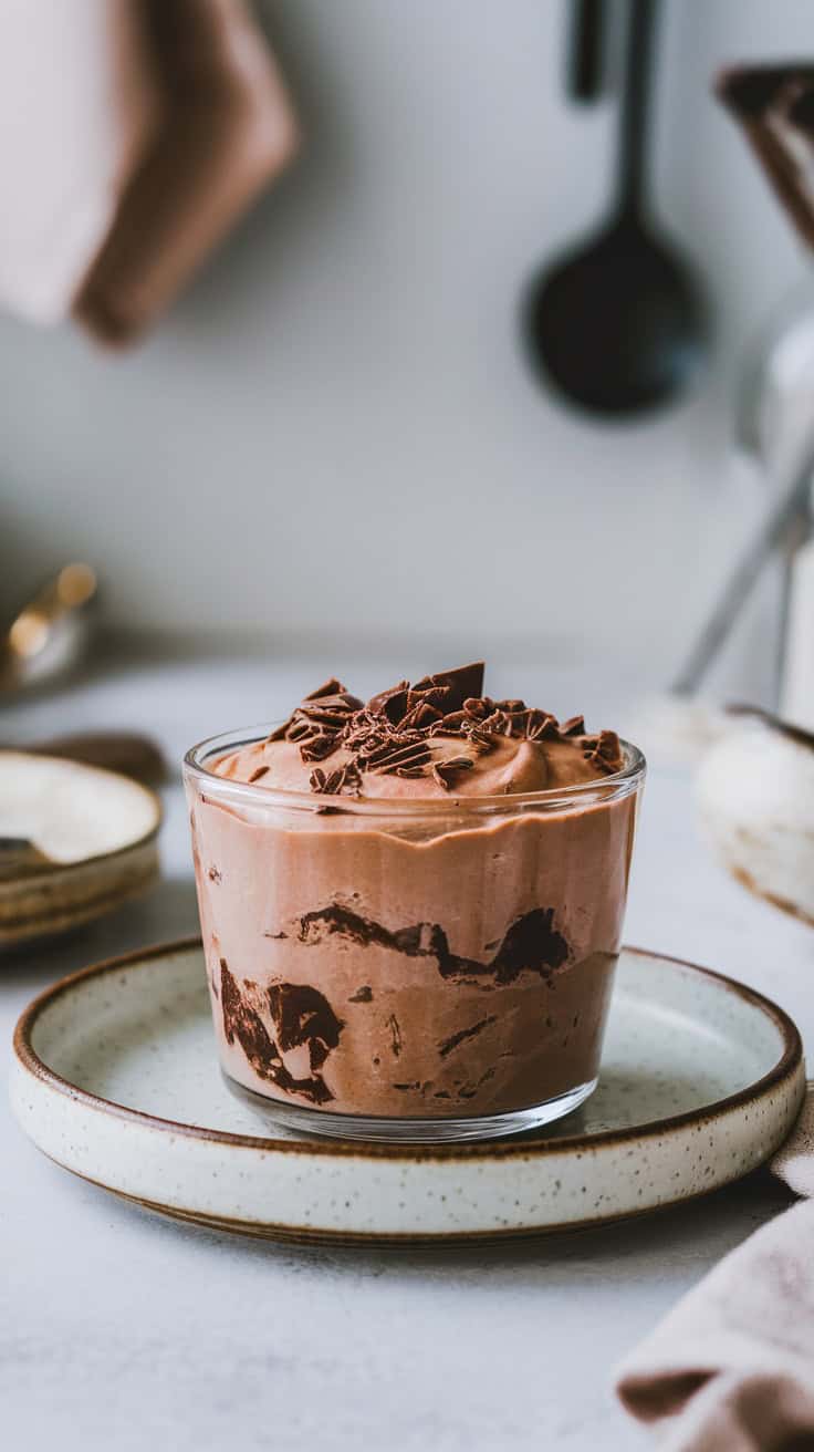 A glass cup filled with chocolate cottage cheese pudding, garnished with chocolate shavings.