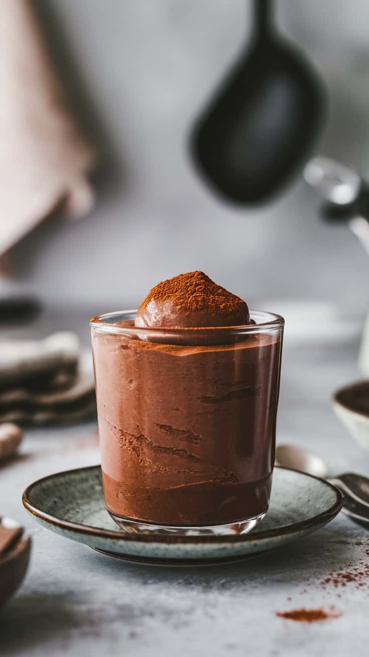 A glass of dark chocolate mousse topped with cocoa powder