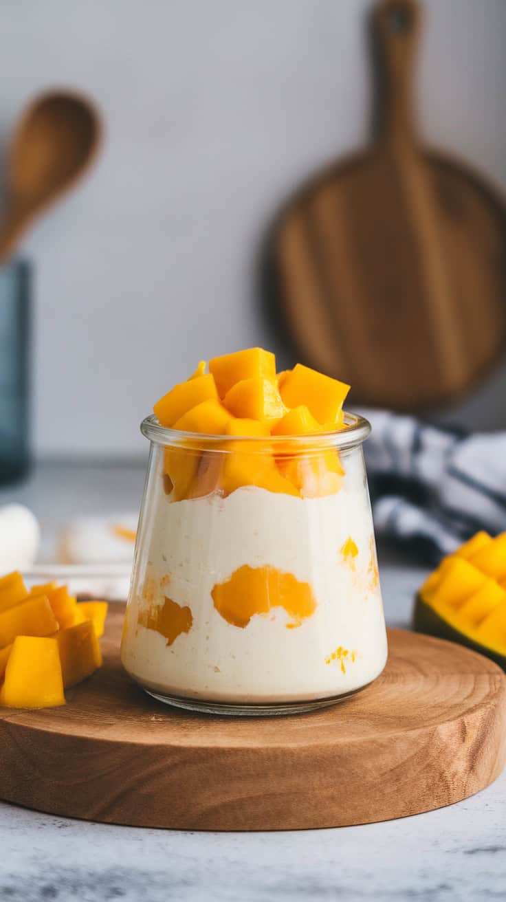 A glass jar filled with cottage cheese pudding layered with fresh mango pieces, placed on a wooden board.