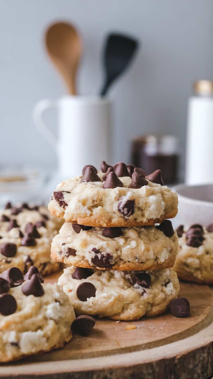 A stack of cottage cheese protein cookies with chocolate chips on a wooden board