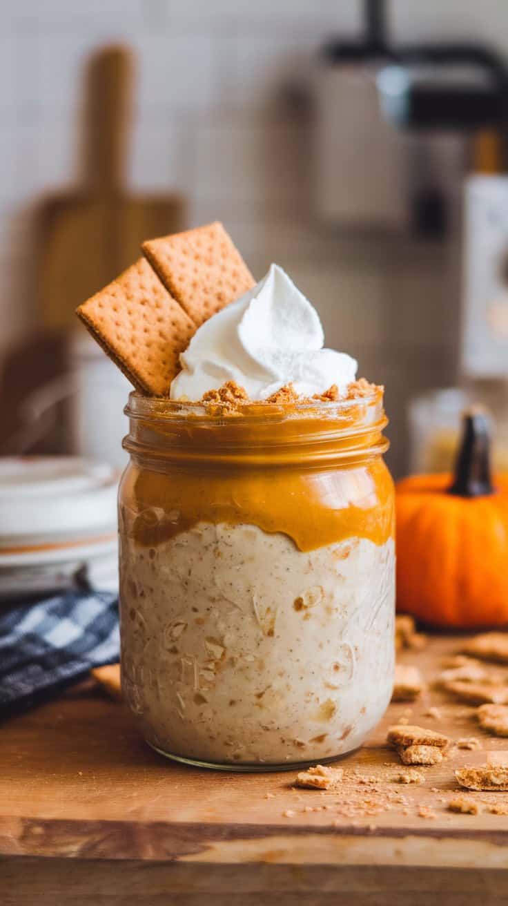 A jar of pumpkin cheesecake overnight oats topped with whipped cream and graham crackers.