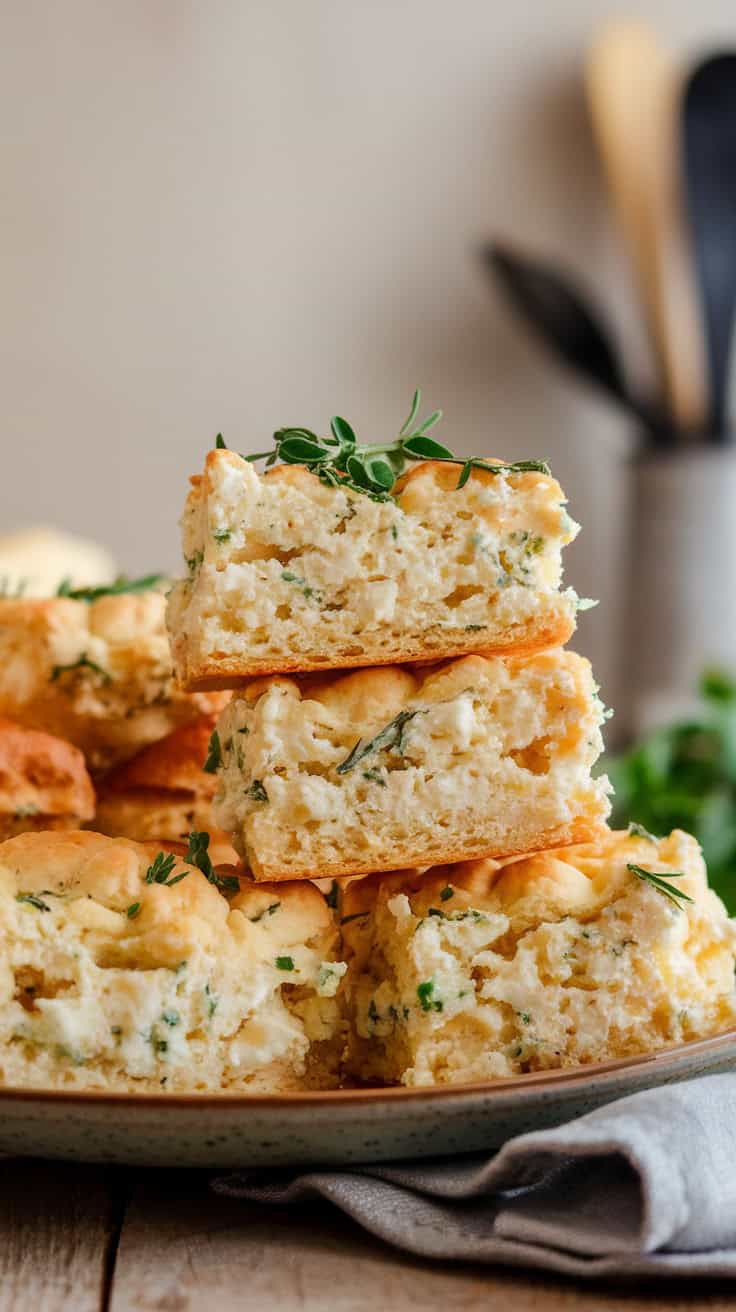 A stack of fluffy herbed cottage cheese biscuits with greens garnishing the top.